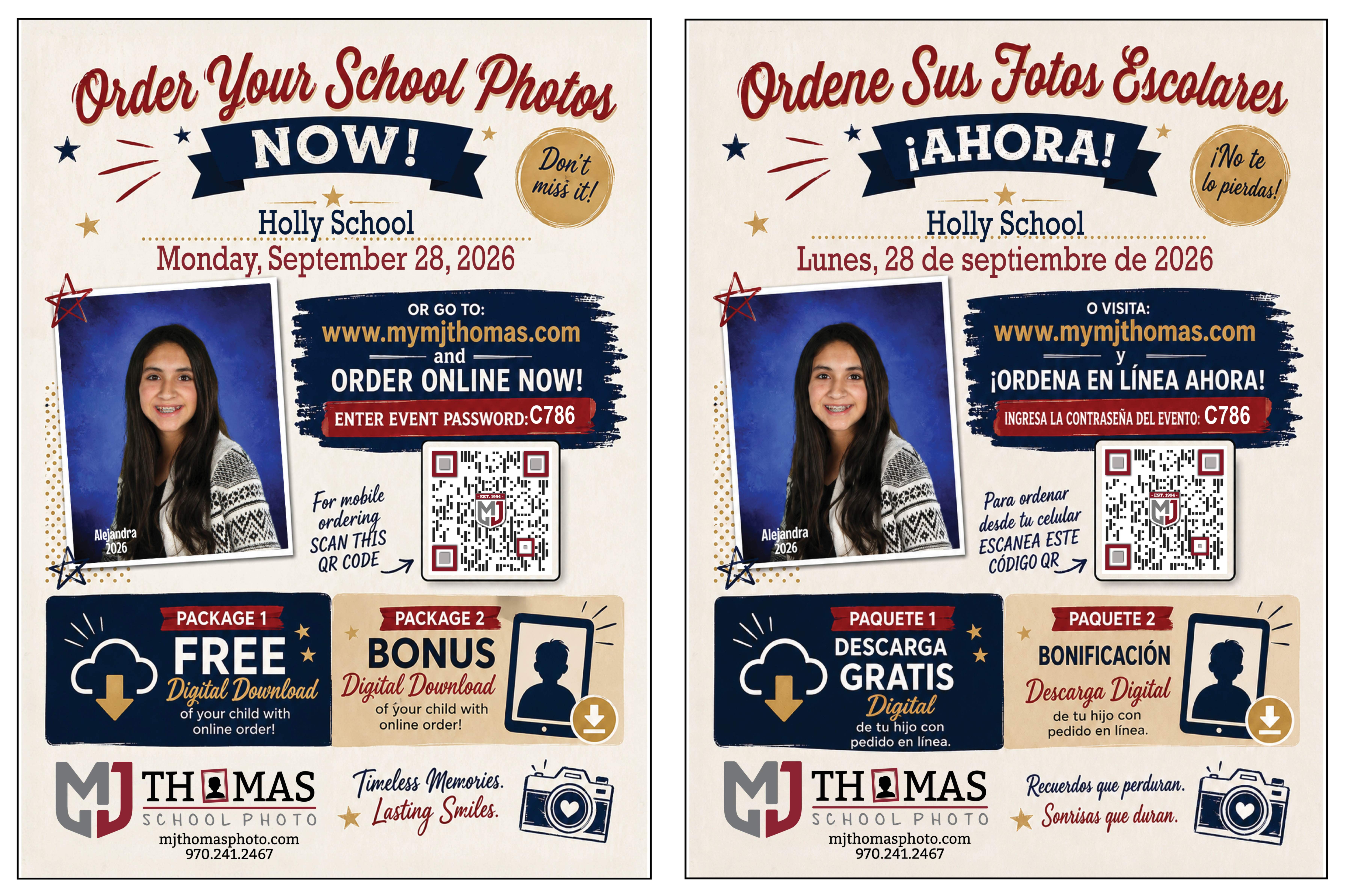Flyer in English and Spanis Picture Day Sept 28th 2026